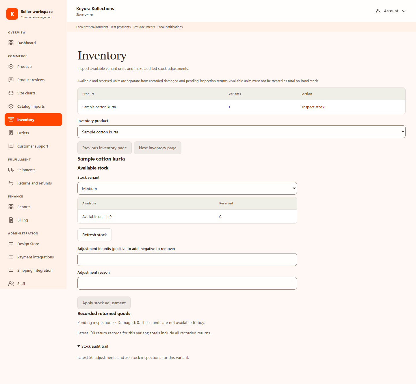 Seller Inventory page showing a selected sample variant, available and reserved units, and stock adjustment fields