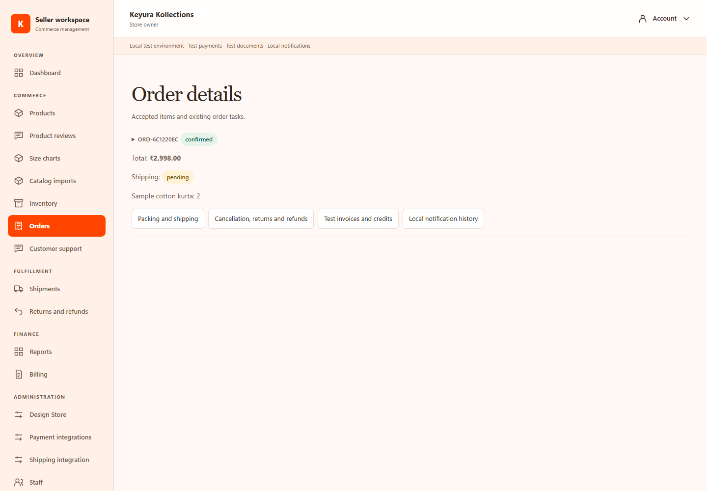 Seller order details showing confirmed sample items, pending shipping and links for packing, returns and test documents