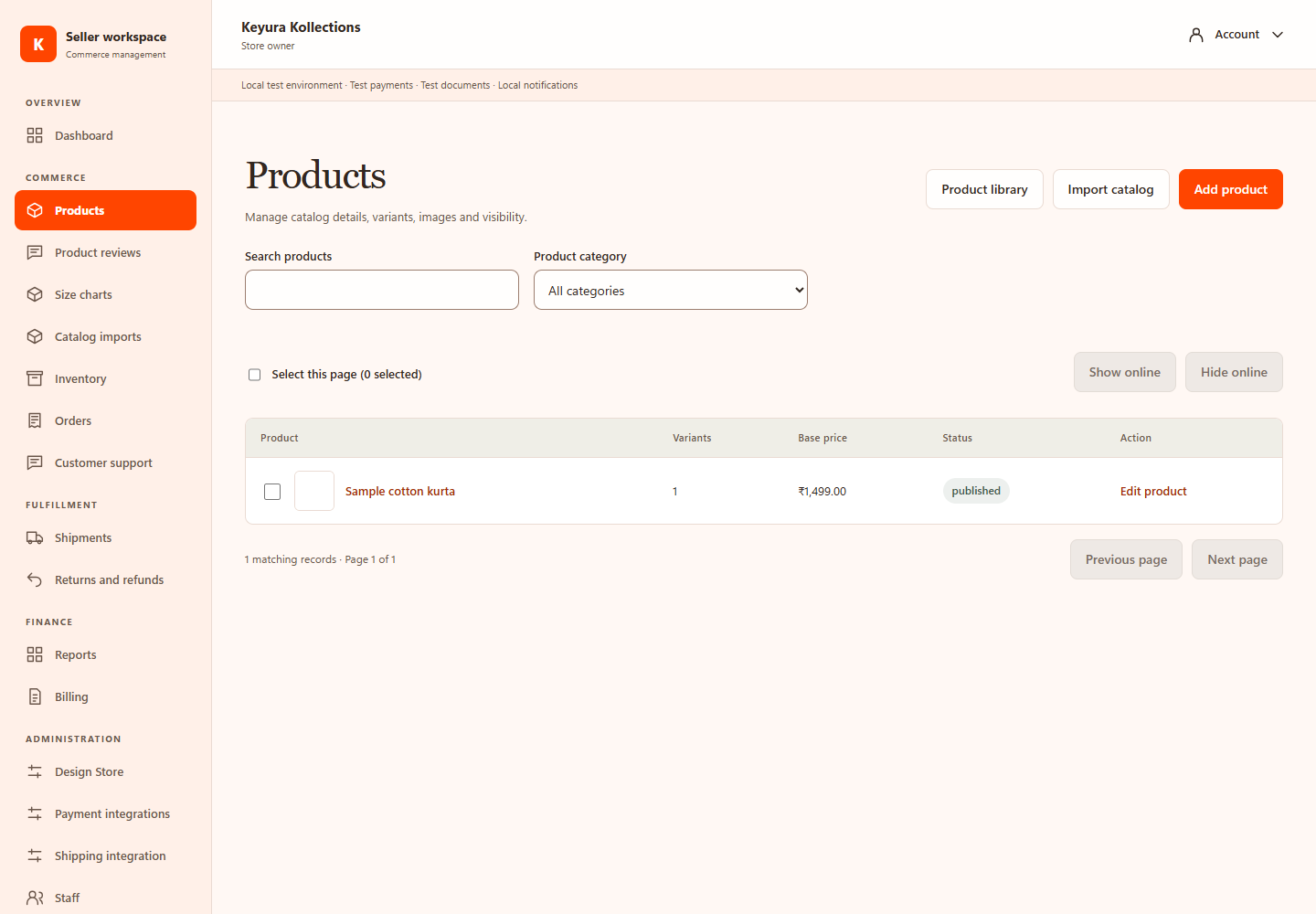 Seller Products page with search, category filter, Add product and Edit product controls for a sample item