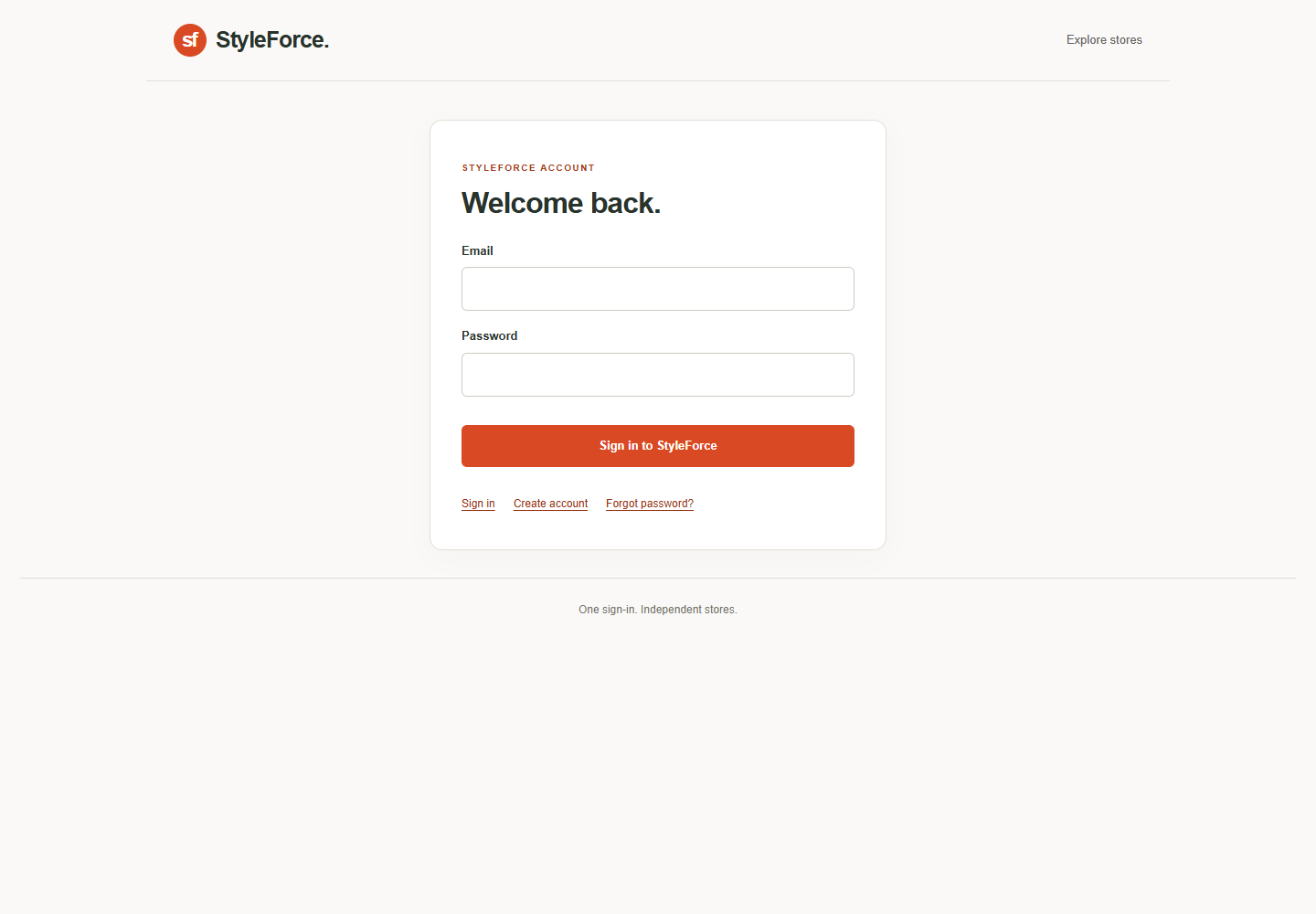 StyleForce customer sign-in page with separate email and password fields and a Sign in to StyleForce button
